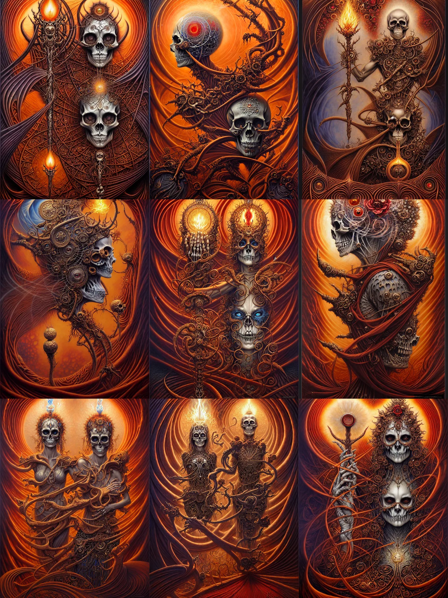 Image similar to A beautiful detailed orixa, tarot card, by tomasz alen kopera and Justin Gerard, symmetrical features, ominous, magical realism, texture, intricate, ornate, royally decorated, skull, skeleton, whirling smoke, embers, red adornements, red torn fabric, radiant colors, fantasy, trending on artstation, volumetric lighting, micro details, 3d sculpture, ray tracing, 8k, anaglyph effect