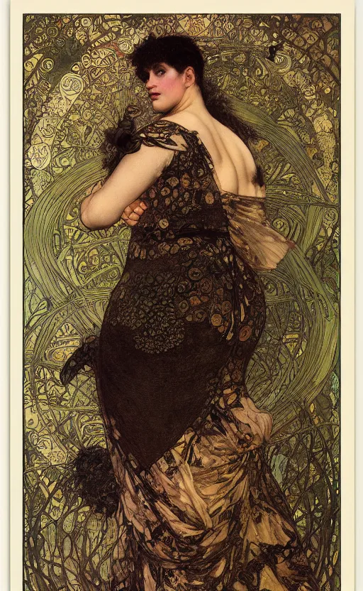 Image similar to dark sensual cryptid woman, sharp claws, curvy body, by alma tadema, by mucha