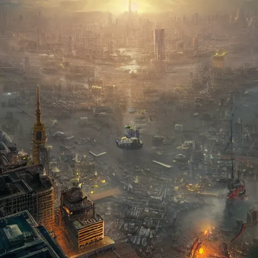 Image similar to enormous spongebob looming above a city, seen from a distance, volumetric lighting, 8 k octane beautifully detailed render, post - processing, extremely hyper - detailed, intricate, epic composition, cinematic lighting, masterpiece, trending on artstation, masterpiece, stunning art by anders zorn, wonderful masterpiece by greg rutkowski, beautiful cinematic