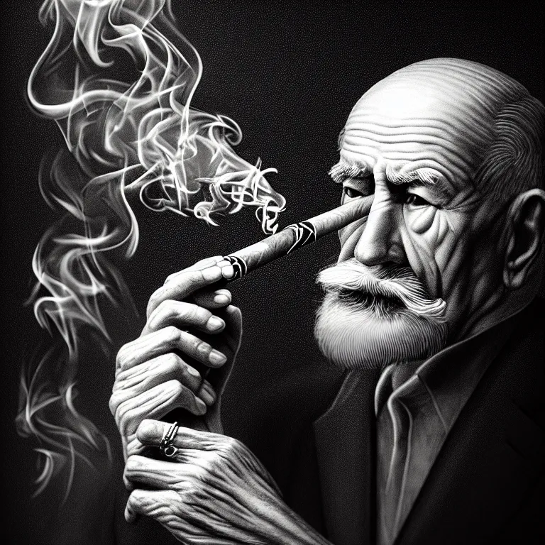 Image similar to a intricately detailed portrait of an old man, smoking a lit symmetrical cuban cigar in an pub, cinematic photography, smoke rising like clouds, beautifully symmetrical, super resolution, cgi, trending on art station, volumetric lighting & shadows, hyper detailed, 8 k, digital art, unreal engine, in the style of a escher, canon 2 0 0 mm,