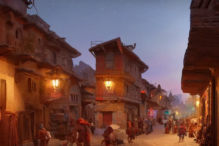 Image similar to in the middle of a adobe house town, mud and brick houses, merchant street, colorful crowd. Scenic view at night, matte painting by raphael lacoste and marc simonetti and ruan jia, trending on artstation