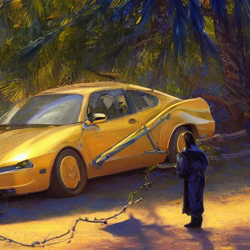 Prompt: blue knight with gold accents, desert with small trees and shrubs, next to green car, painting, detailed, realistic, complimentary colors, light, by richard doyle, by robert hagan, by tim hildebrandt, artstation, cinematic, dramatic lighting, close up, wide angle, intricate design