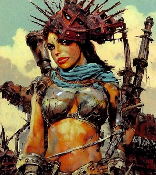 Prompt: mighty princess of the wasteland, scrap metal headdress, damaged building, strong line, deep color, cloudy sky, beautiful! coherent! by brom, by frank frazetta,