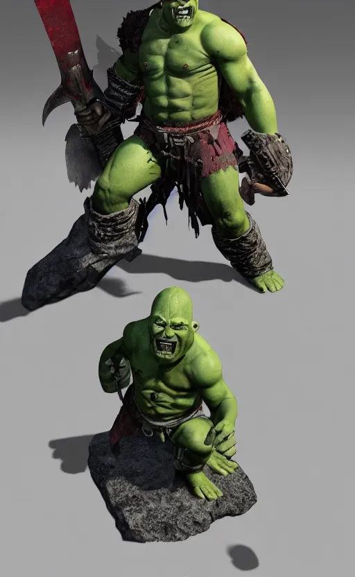 Prompt: A bald, half orc berserker, green skin covered in scars, with crude leather armor, dual wielding a battle axe and a war hammer. A half grin on his face, octane render