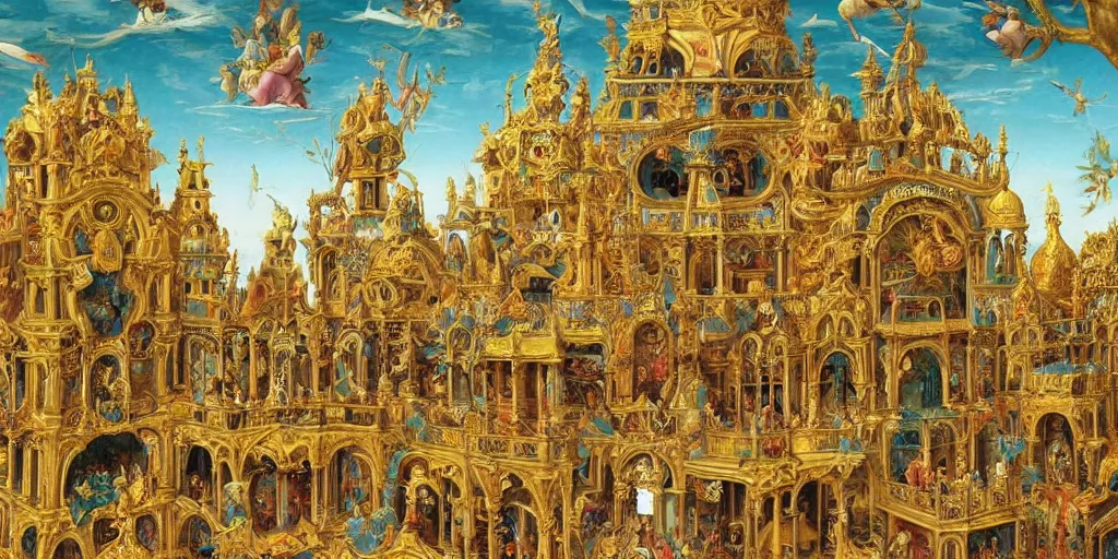Image similar to beautiful!!! ornate heavenly!!! gold rococo megastructure in the style of heironymus bosch, colorful intricate masterpiece, hyper detailed, hd