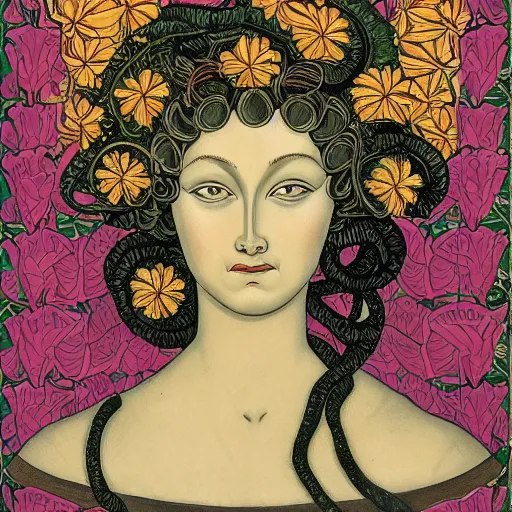 Image similar to detailed, portrait of medusa, surrounded by lotus flowers and geometry