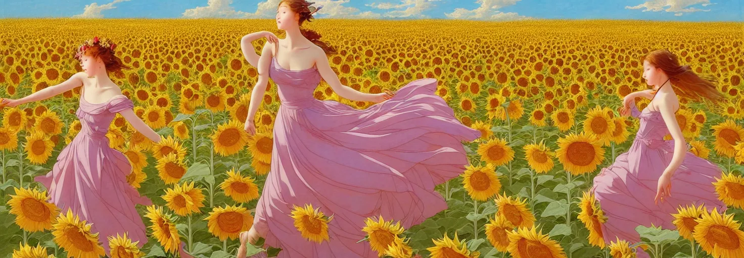 Image similar to beautiful young girl dancing in a fiery dress in a beautiful field of sunflowers and lilies, like leonardo da vinci sketches! in the style of studio ghibli, j. c. leyendecker, greg rutkowski, artgerm