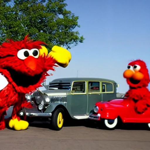 Image similar to Elmo hijacks a vintage Packard