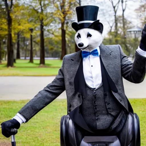 Prompt: an anthropomorphic silver fox in a dapper suit and a top hat riding a Segway in a park, photo, 4K