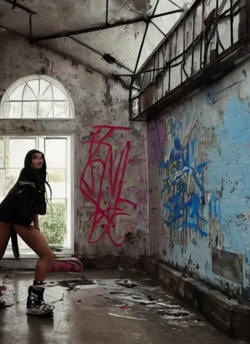 Image similar to film still of kylie Jenner doing a graffiti mural, derelict house, cinematic lighting, cinematic, rear pov,