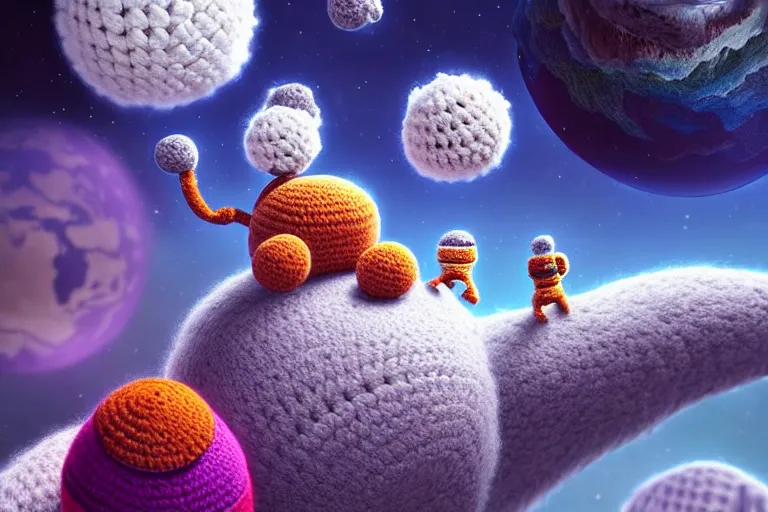 Image similar to an expedition of crochet astronauts discovering a new fluffy planet made out of yarn. cute, illustration, digital art, inspired by little big planet, by greg rutkowski, detailed, sharp, masterpiece, highly detailed, photorealistic, octane render, 8 k, unreal engine 5, trending on artstation