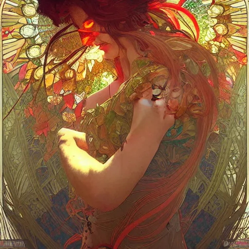 Image similar to the beautiful solarpunk phoenix, aesthetic red bird, volumetric light, bokeh, painting by greg rutkowski by alphonse mucha