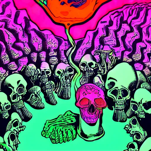 Prompt: a secret dream held by the reptilian overlords in psychedelic neon colors. drinking from the skulls of the poor