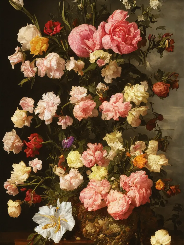 Image similar to highly detailed, realistic, still life with flowers, Dutch painting, old masters, iris, lillies, leaves, roses, peonies, marigold, roses, cherry blossoms, apple blossoms, in the style of Rachel Ruysch