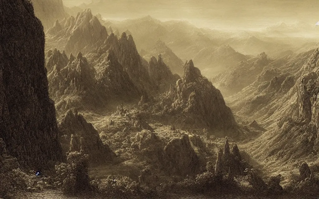 Image similar to a meticulously composed render of a middle earth landscape by francis danby, john martin, and gustave dore,