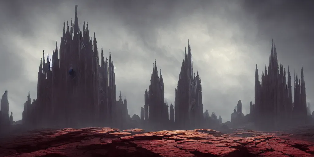 Image similar to dramatic render of a cathedral, gothic architecture, tall spires, top of a red rock canyon, vultures, 24mm angle, concept art by studio ghibli and eddie mendoza, atmospheric, moody, dark, cinematic, volumetric lighting, 8K