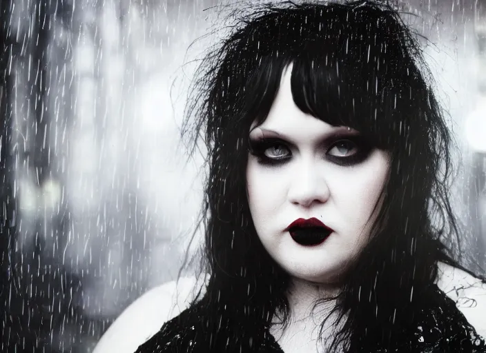 Prompt: closeup portrait of emo vampire goth beth ditto standing in the rain in a dark cyberpunk city, heavy make - up running down face, neon reflections in the puddles, portra 4 0 0 candid photograph portrait by annie leibovitz, 3 5 mm macro shot, f / 3 2, hyperrealistic, cinematic lighting, hd wallpaper, 8 k, 4 k