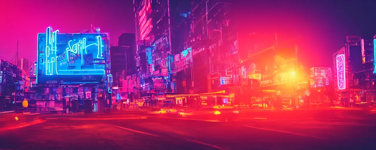 Image similar to night city, neon lights, glow signs , retrowave style, sunset