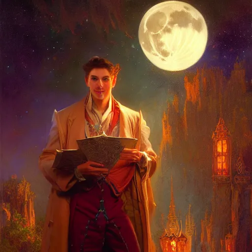 Image similar to attractive male wizard magically floating high in the night, fantasy, full moon in background. highly detailed painting by gaston bussiere, craig mullins, j. c. leyendecker, mid shot, 8 k