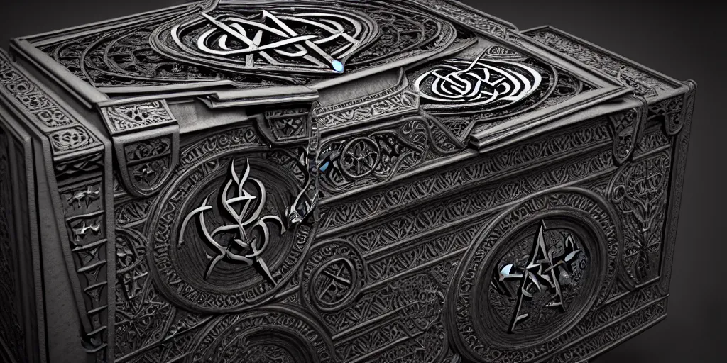 Image similar to an ancient ornate intricate old spell satanic coffin with the sigil symbol of evil emblazoned on the cover, cinematic, realistic, intricate detail, finely detailed, small details, extra detail, photorealistic, high resolution, 3 d, pbr, path tracing, volumetric lighting, octane render, arnold render, 8 k