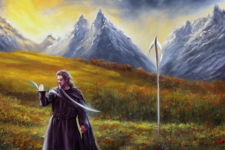 Prompt: concept art, mood painting, environment painting, rohan man holding white flower looking at flower large field autumn october snow capped mountains in background lord of the rings lotr. style of, ryan church, jon mccoy, george hull, painting