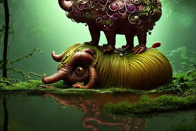 Image similar to cute creature in a lush trunda vegetation, water reflection, night, backlit, warm tones, bioluminescent : : by michal karcz, daniel merriam, victo ngai and guillermo del toro : : ornate, dynamic, particulate, intricate, elegant, highly detailed, centered, artstation, smooth, sharp focus, octane render, 3 d