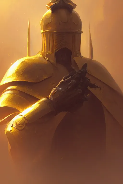 Image similar to A closeup of a yellow holy knight by Greg Rutkowski, Dan Mumford, Christophe Vacher, 4k photorealistic, volumetric lighting, HD, high details, dramatic, trending on artstation