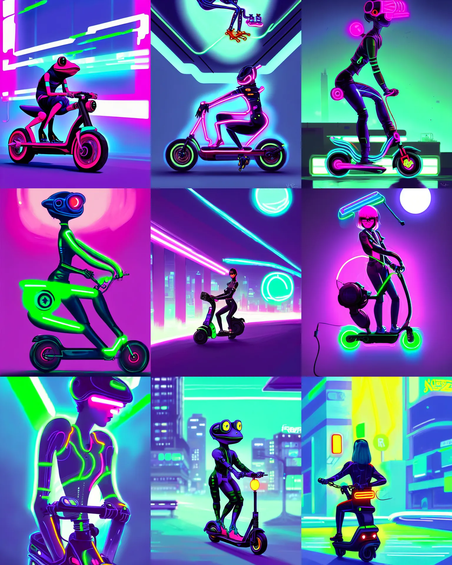 Prompt: painting Cyberpunk Frog riding on electric scooter Futuristic, Neon, Vaporwave by Lois van baarle and Ilya Kuvshinov and Ha Gyung and Kezie Demessance