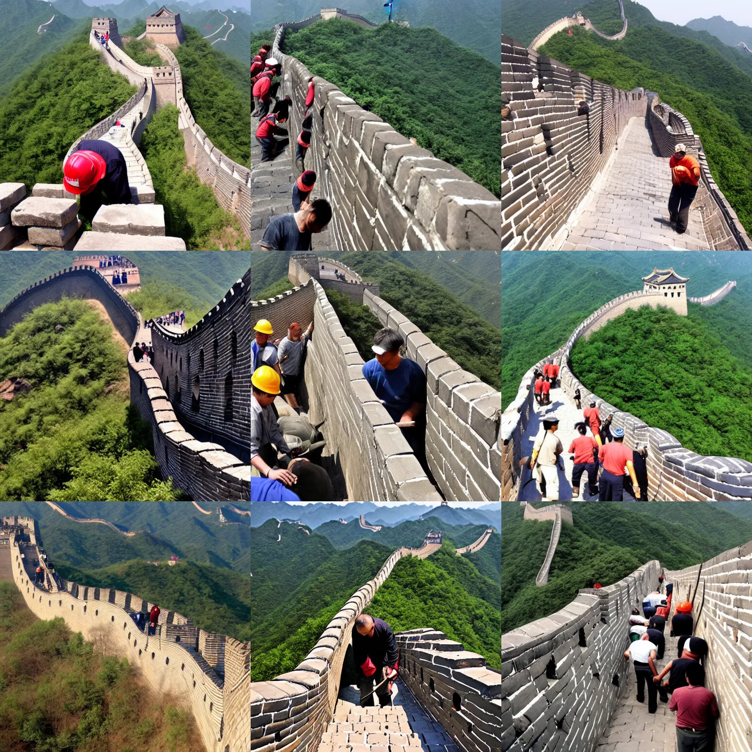 Prompt: tired men building the Great Wall of China