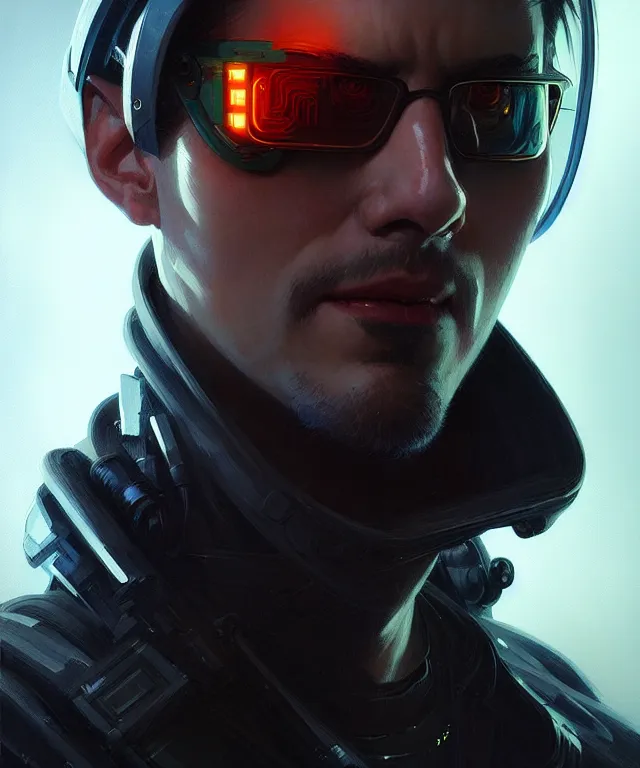 Image similar to Hacker cyberpunk man portrait, highly detailed, digital painting, artstation, concept art, smooth, sharp focus, illustration, art by artgerm and greg rutkowski and alphonse mucha