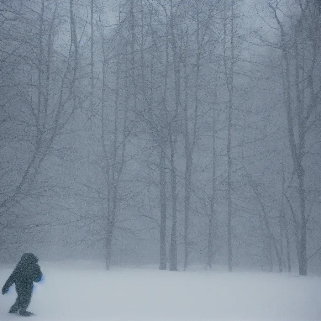 Image similar to photo, bigfoot is hiding in the background. cold color temperature, snow storm. hazy atmosphere. humidity haze. kodak ektachrome, greenish expired film, award winning, low contrast