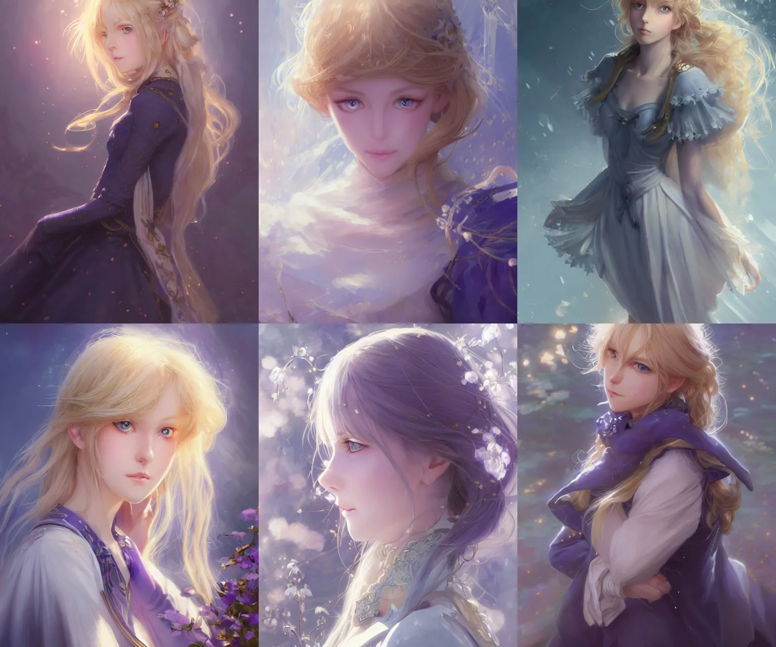 Prompt: portrait of a beautiful cute blonde violet evergarden with big blue eyes, fantasy, intricate, elegant, highly detailed, digital painting, artstation, concept art, smooth, sharp focus, illustration, art by stanley artgerm lau and greg rutkowski