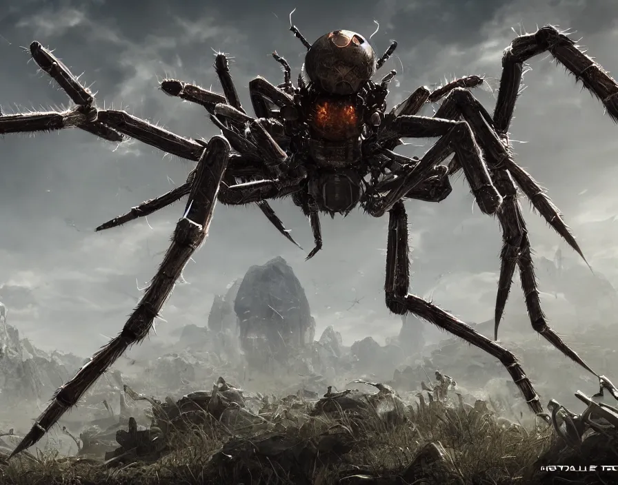 Image similar to big metal spider in tactical rpg videogame, beautiful graphics, fantasy artwork, very beautiful scenery, hdv, hdr, ue 5, ue 6, unreal engine 5, cinematic 4 k wallpaper, 8 k, ultra detailed