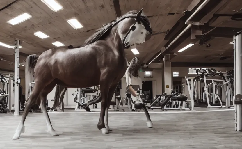 Image similar to cart horse with big hands in a gym, turning right, standing down