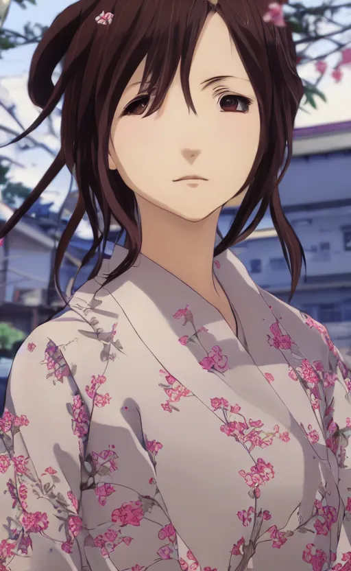 Prompt: anime style, gta 5, portrait of girl, yukata clothing, sakura tree in background, brown short hair, hair down, symmetrical facial features, from arknights, hyper realistic, shoulder eyes, extreme detail, 4 k drawing, safebooru, realistic lighting, by alphonse mucha, greg rutkowski, sharp focus, backlit