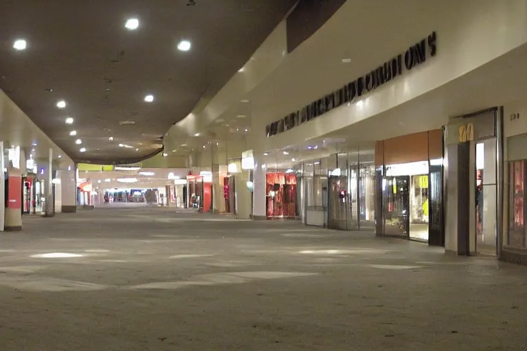 Prompt: closed liminal mall, 4k, mid night, scary, very dark, 2000s photo