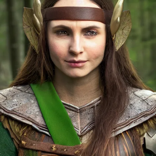 Prompt: anya charlota as a medieval fantasy wood elf, dark brown hair tucked behind ears, wearing a green tunic with a fur lined collar and brown leather armor, wide, muscular build, scar across nose, one black, scaled arm, cinematic, character art, digital art, forest background, realistic. 4 k