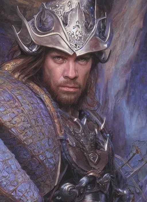 Image similar to a hyperrealistic and detailed paintbrush portrait of a male fantasy character, art by donato giancola and bayard wu and gustav moreau and wayne barlowe, rpg portrait, conan, krull, 8 0's fantasy movies