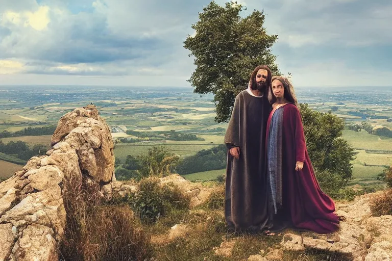 Prompt: selfie from a mobile phone of jesus and mary magdalene standing on a cliff looking over a beautiful landscape in france, rennes - le - chateau, award winning photo, very detailed, very realistic cinematic