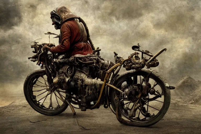 Image similar to full color hd photo of a motorcycle, octane render 4 k, by hieronymus bosch, joel peter witkin, annie liebovitz. gustave dore, hr giger, zdzisław beksinski, epic, artstation, cgisociety, weta, disney