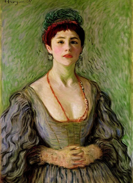 Image similar to portrait of young woman in renaissance dress and renaissance headdress, art by claude monet