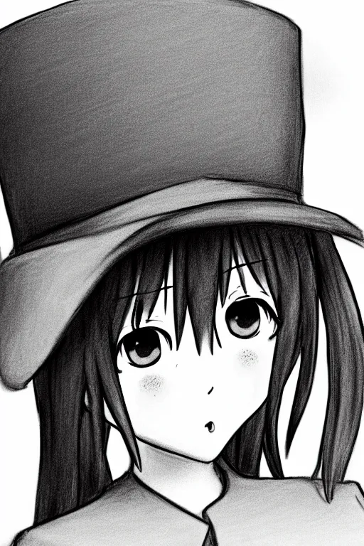 Image similar to highly detailed, cute loli in a tall black top hat, face profile, pencil sketch, gray scale, anime style