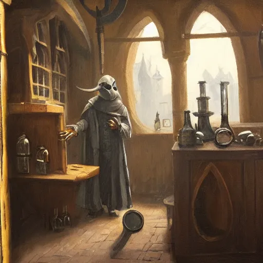 Image similar to plague doctor working in medieval apothecary, oil painting, by Greg Rutkowski