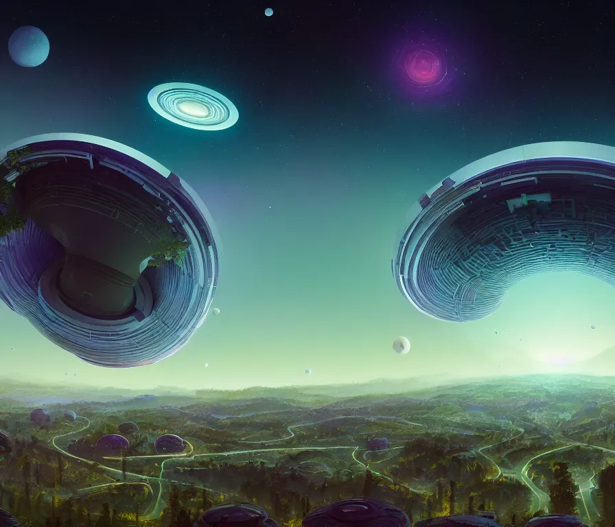 Prompt: O'Neill cylinder colony Stanford torus, view of city, hills, forest, rivers. Space colony, inside view, octane rendering, humanity's cosmic future, stellar sky, cinematic, hyperdetailed, photorealistic, hyperrealism, octane rendering, 8k, depth of field, bokeh, masterpiece, fantastic art by Simon Stalenhag, Jakub Rozalski