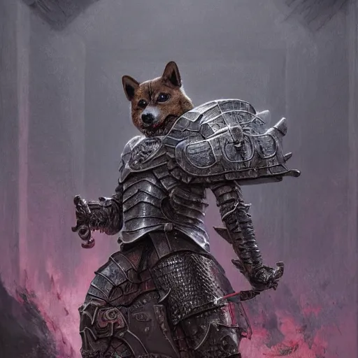 Image similar to berserk skullknight black armor, anthropomorphic shiba inu, shiba inu face, in tavern of knights, stuning 3 d render, masterpiece, glowing aura, by donato giancola and greg rutkowski and wayne barlow and zdzisław beksinski, realistic face