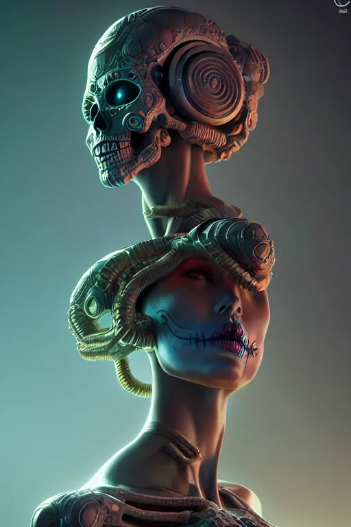 Image similar to ultra detailed Female Android deity, scifi, octane render, clay render, (dia de los muertos), asymmetrical, intricate concept art, art by artgerm and DZO and greg rutkowski and loish and WLOP