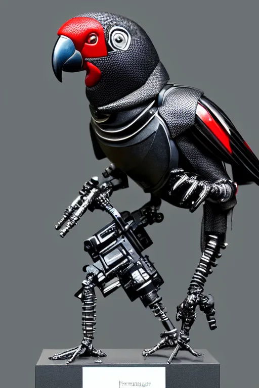 Prompt: terminator parrot cyborg, intricate details. front on, symmetrical. industrial design. good design award, innovative product concepts, most respected design