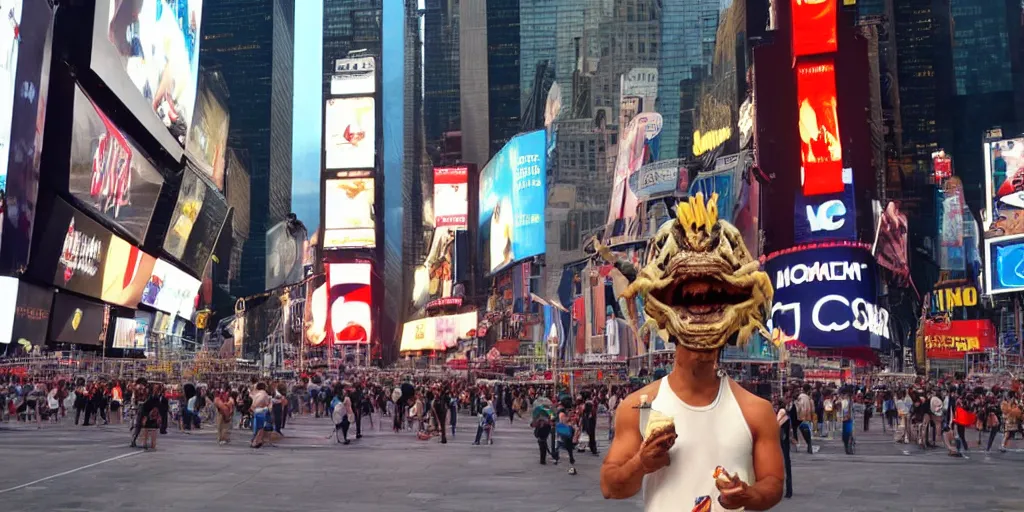 Prompt: Predator standing in Times Square Eating an Ice Cream Cone