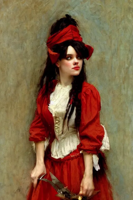 Image similar to Solomon Joseph Solomon and Richard Schmid and Jeremy Lipking victorian genre painting full length portrait painting of a young beautiful woman traditional german french barmaid pirate wench in fantasy costume, red background