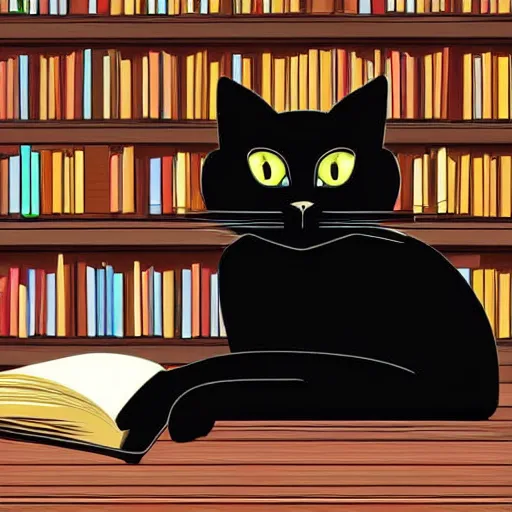Prompt: Digital Art of one black cat with long hair over a wooden table reading a book in a library